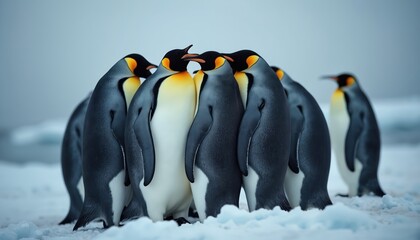 Obraz premium Penguins group together on ice. Birds huddle for warmth in cold snowy habitat. They stand close to each other for survival. Wildlife in polar region.
