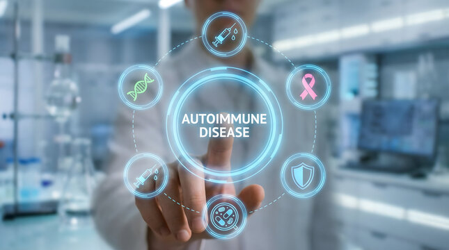 Medical professional hand interacting with virtual display showing autoimmune disease concept