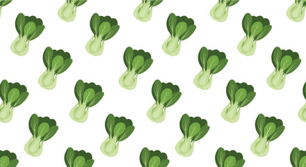 A seamless pattern of bok choy vegetables with light green stems and dark green leaves arranged diagonally across a solid white background.