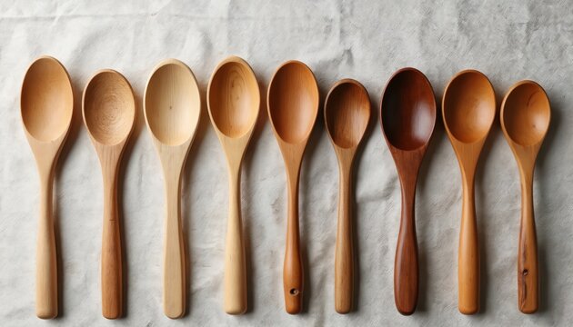 Assortment of wooden spoons in varying sizes and shades. Kitchen utensils lie in a row, showing natural wood grain and craft detail. Tools for cooking and serving food.