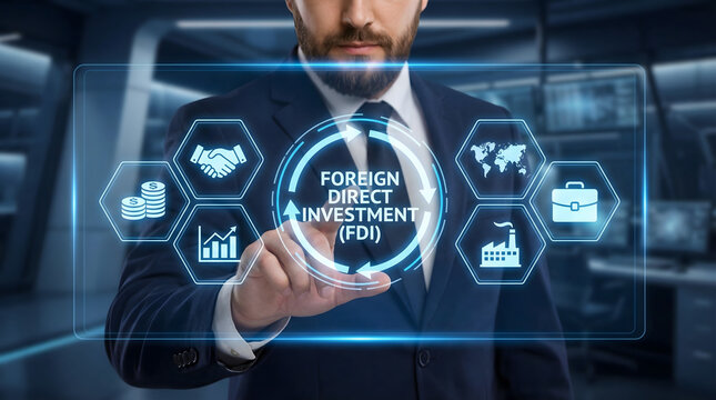 Businessman in suit interacts with Foreign Direct Investment FDI virtual screen in dark high tech bu