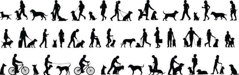 People walking dogs silhouettes set, men women and children with pets in park and city scenes, black vector illustration isolated on white background