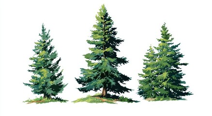Obraz premium Watercolor Evergreen Trees - Lush Green Conifers on White Background.