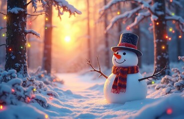 Obraz premium Charming snowman with hat and scarf stands in snowy forest. Festive lights twinkle in trees at sunset. Winter wonderland ambiance creates holiday magic.