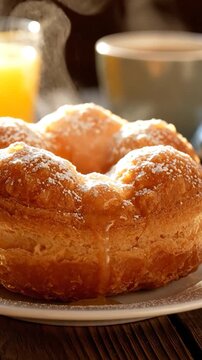Glazing and sprinkling powdered sugar on a fresh hot cronut pastry