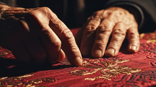 Aged hands on red fabric
