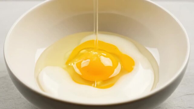 Single Egg Yolk Breaking Into White Bowl