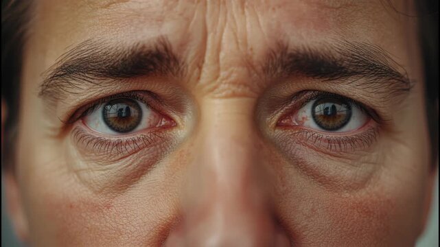 Close up eye and face closeup showing wrinkle skin eyebrow details on tired middle aged eyes