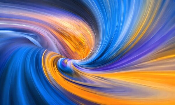 Vibrant swirling patterns of blue and orange hues create a dynamic abstract illustration from a frontal viewpoint