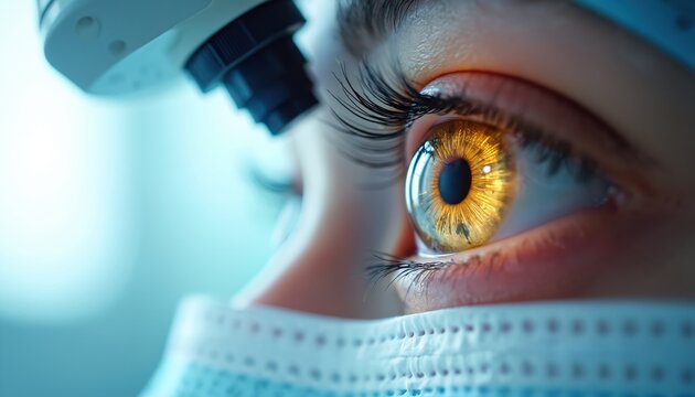 Close-up of a golden eye during eye surgery procedure with advanced medical equipment. A surgeon in mask and cap observes patient vision. Innovation in ophthalmic care.