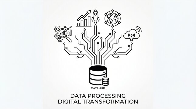 "Stylized illustration of data integration, featuring database, cloud computing, analytics charts, gears, Wi-Fi, and interconnected digital systems."