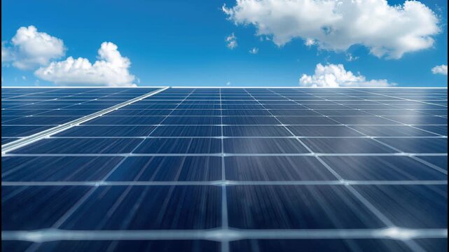 Blue solar panel array blue sky with scattered clouds sunbeam photovoltaic renewable energy cloud