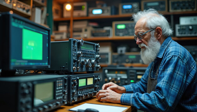 Elderly man works with radio equipment. Amateur radio operator tunes transceiver in workshop. Senior uses ham radio gear and monitors signals on screen.