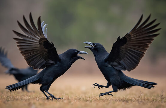Two black ravens fight on grassy field with wings spread. One raven jumps, other lands, squabbling over food on ground. Birds showing aggressive behavior, wild nature scene.
