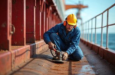 Seaman works on merchant ship deck. Worker uses grinder tool for rust removal on vessel hull. Maritime worker wears helmet ear protection. Ocean background.