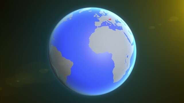 The animation shows a graphic representation of the earth and highlights the location and map of Hungary colored red.