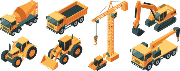 Isometric construction machinery vector illustration featuring excavator, tower crane, dump truck, cement mixer, loader and industrial vehicles set © SreemotiLipi