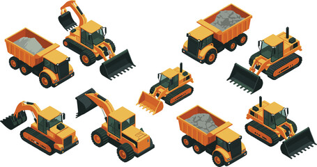 Isometric construction machinery vector set featuring dump trucks, excavators, bulldozers, loaders and heavy industrial equipment illustration © SreemotiLipi