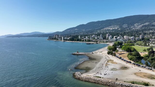 Hyperlapse Drone Flying Forward Over Ambleside Beach, West Vancouver British Columbia Canada