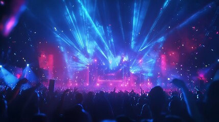 Concert stage illuminated with vibrant blue and red lights with crowd silhouettes