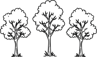 Obraz premium Three trees standing together in a serene landscape viewed from a distance in an illustrative style