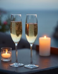 Fototapeta premium Two glasses of bubbly champagne stand on a table near lit candles. Ocean view at dusk creates romantic atmosphere. Perfect for celebration or luxury lifestyle.