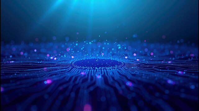 Glowing blue digital circuit landscape with particle light bokeh and futuristic technology depth