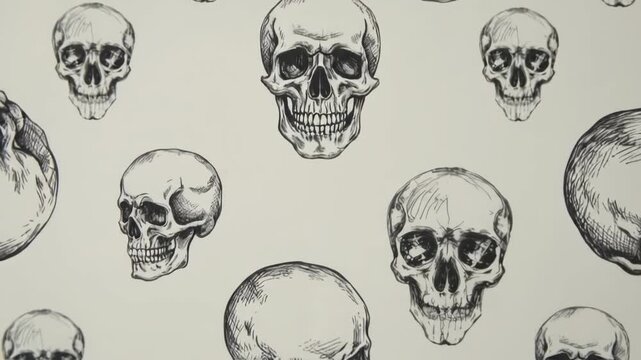 Black ink drawing of human skull pattern, suitable for halloween designs, tattoo art, gothicthemed projects, and dark illustrations.