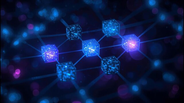 Glowing network of connected data cube and digital connection in blue purple blockchain network flow