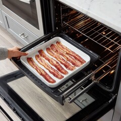 Bacon Strips Cooking in Oven Tray at Home Kitchen	
