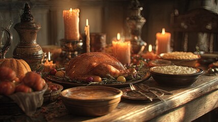 Festive Dinner Table with Roasted Turkey and Candlelight	