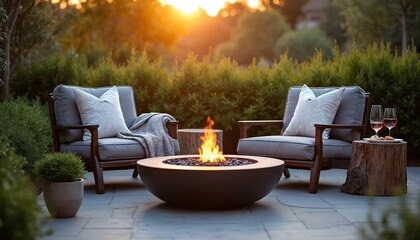 Fototapeta premium Two chairs beside fire pit with wine glasses. Outdoor patio space with burning fire, warm evening light, plush cushions, and scenic garden view.