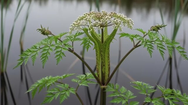 Hemlock Plant Growing in Calm Water.