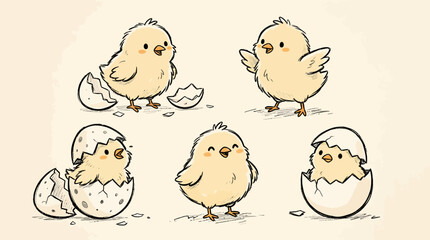 Cute cartoon chicks in various stages of hatching from eggs