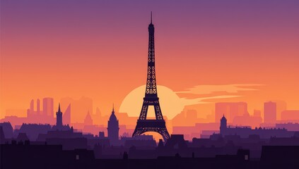 Obraz premium Eiffel Tower Silhouette at Sunset - Paris Skyline in Warm Hues.