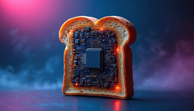 Slice of toasted bread reveals embedded computer chip and circuit board. Conceptual food tech blends breakfast with modern digital electronic components, signifying future innovation.