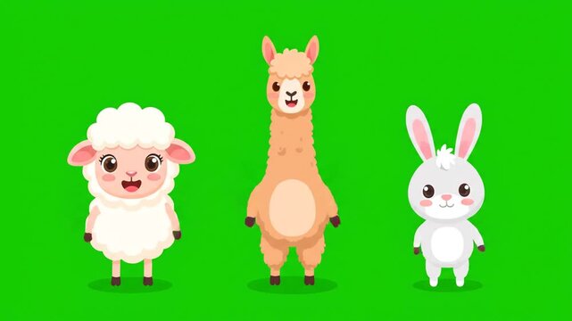 Flat illustration of a smiling sheep, an alpaca, and a rabbit standing against a bright green background.