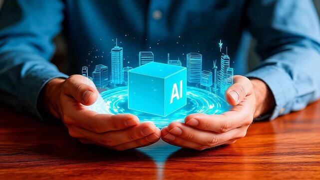 Hands holding a holographic AI cube