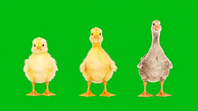 Three ducks standing side by side against a green background, two yellow and one gray with black spots, looking forward with orange feet.