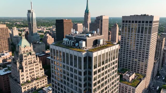 Aerial view of city skyline with tall buildings