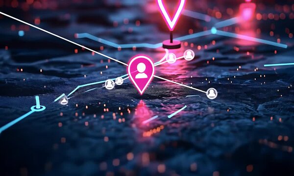 A futuristic navigation system displays a pink location pin connected to various nodes on a dark, textured surface with neon lines and dots.