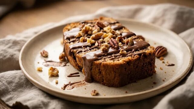 chocolate with nuts - A moist cake slice adorned with rich chocolate icing and roughly chopped nuts, placed on a neutral-toned plate, accompanied by crumbs on a textured fabric