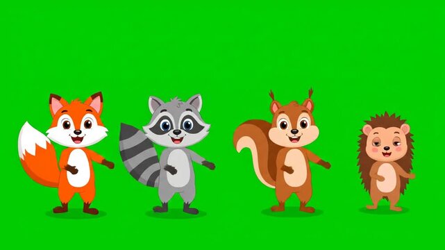 Cartoon illustration of a fox, raccoon, squirrel, and hedgehog standing against a green background.