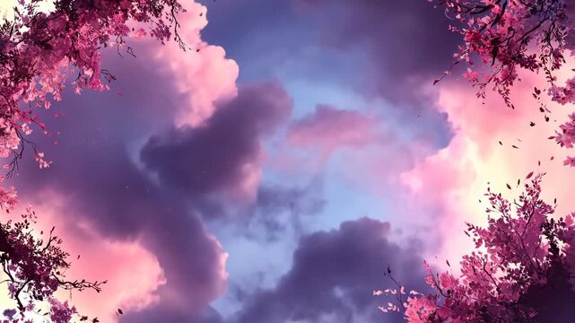 A vibrant sky filled with pink, purple clouds, framed by floral branches