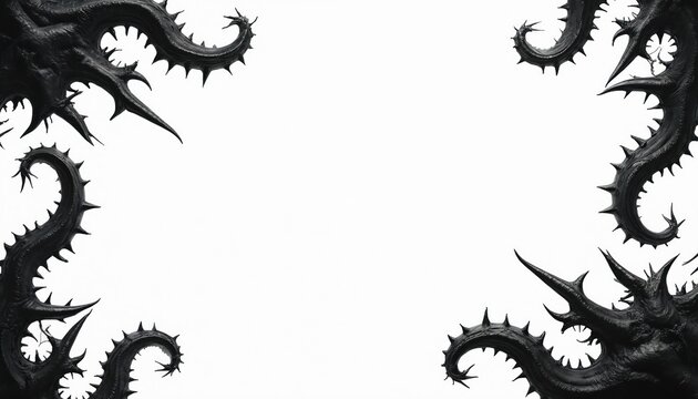 Dark fantasy tentacles with thorns frame white background. Abstract organic shapes twist, curl, suggesting mysterious, potentially dangerous, otherworldly presence. This art is abstract, versatile.