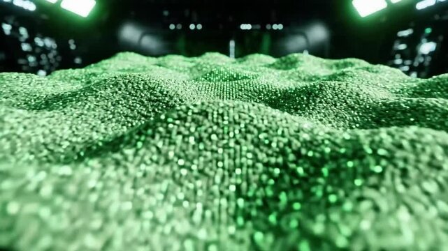 A large block of green pixels appears to crumble in a futuristic digital environment