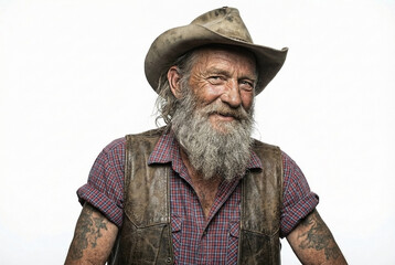 Fototapeta premium Charismatic Portrait of Mature Smiling Man with Long Grey Beard Wearing Weathered Cowboy Hat and Leather Vest with Tattoos