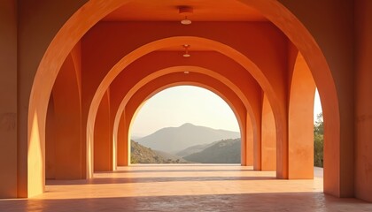 Fototapeta premium Orange arched walkway leads toward misty hills, creating depth perspective. Geometric building structure offers tranquil serene scene. Sunlit passage with shadow patterns on floor.