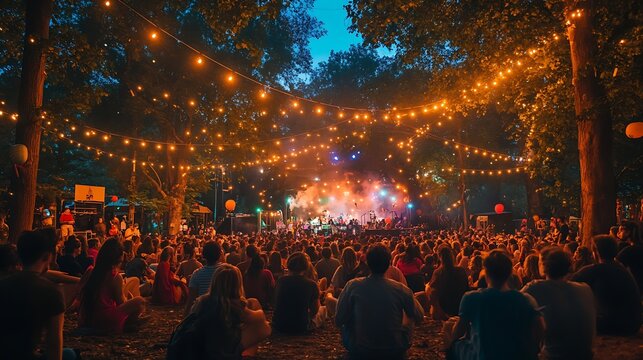 Evening outdoor event with string lights and crowd festive atmosphere