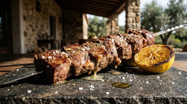 Traditional Madeira Beef Espetada on Metal Skewer with Garlic